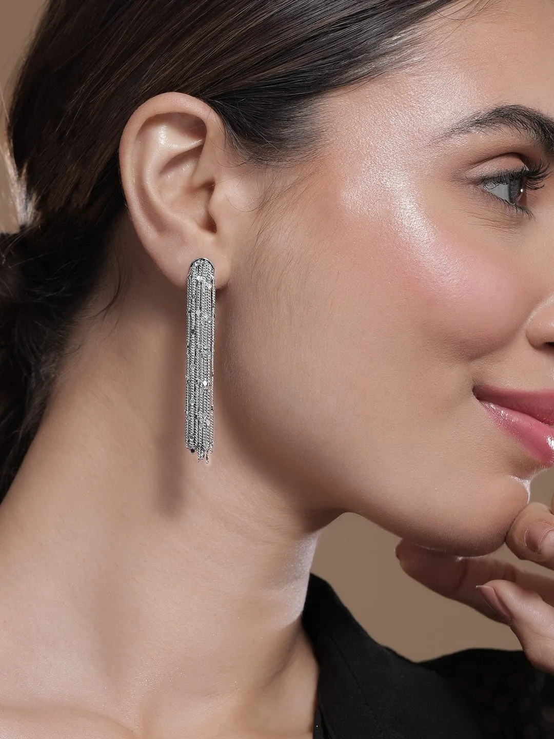 Rhodium-Plated Tassel Chain Statement Earrings