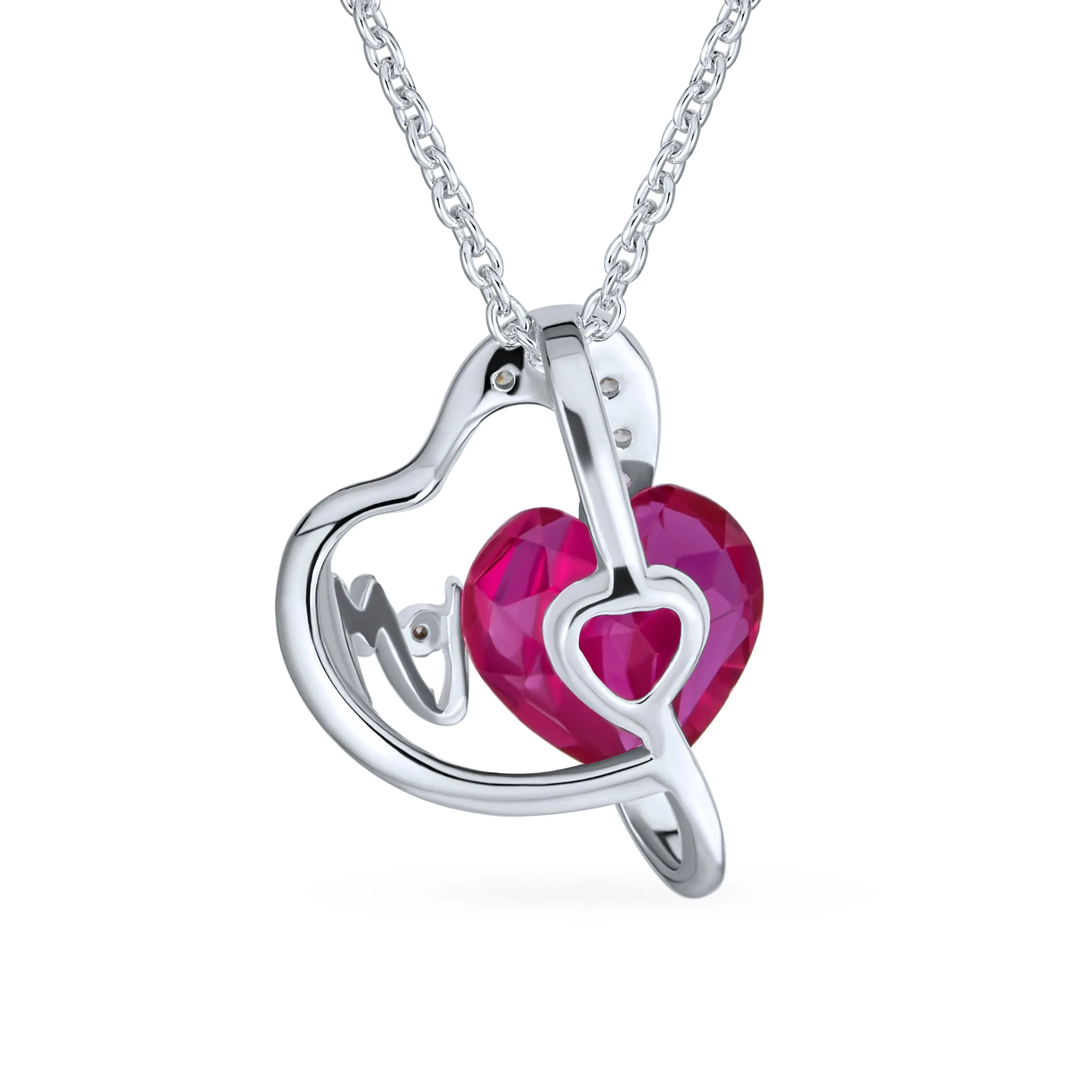 Romantic Double Infinity Heart Pendant Necklace with Ruby Red Crystal Sterling Silver