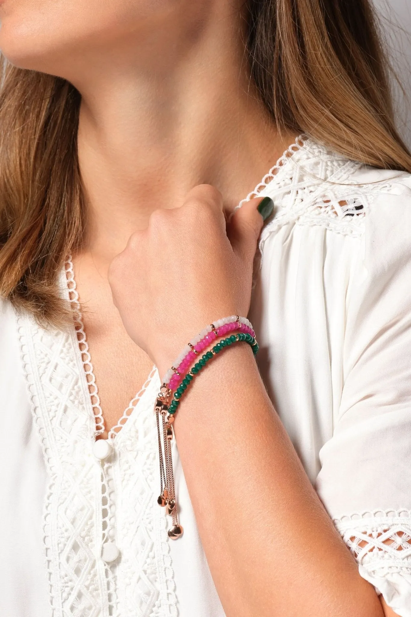 Rose Gold Plated Sterling Silver White Quartz Bead Friendship Bracelet