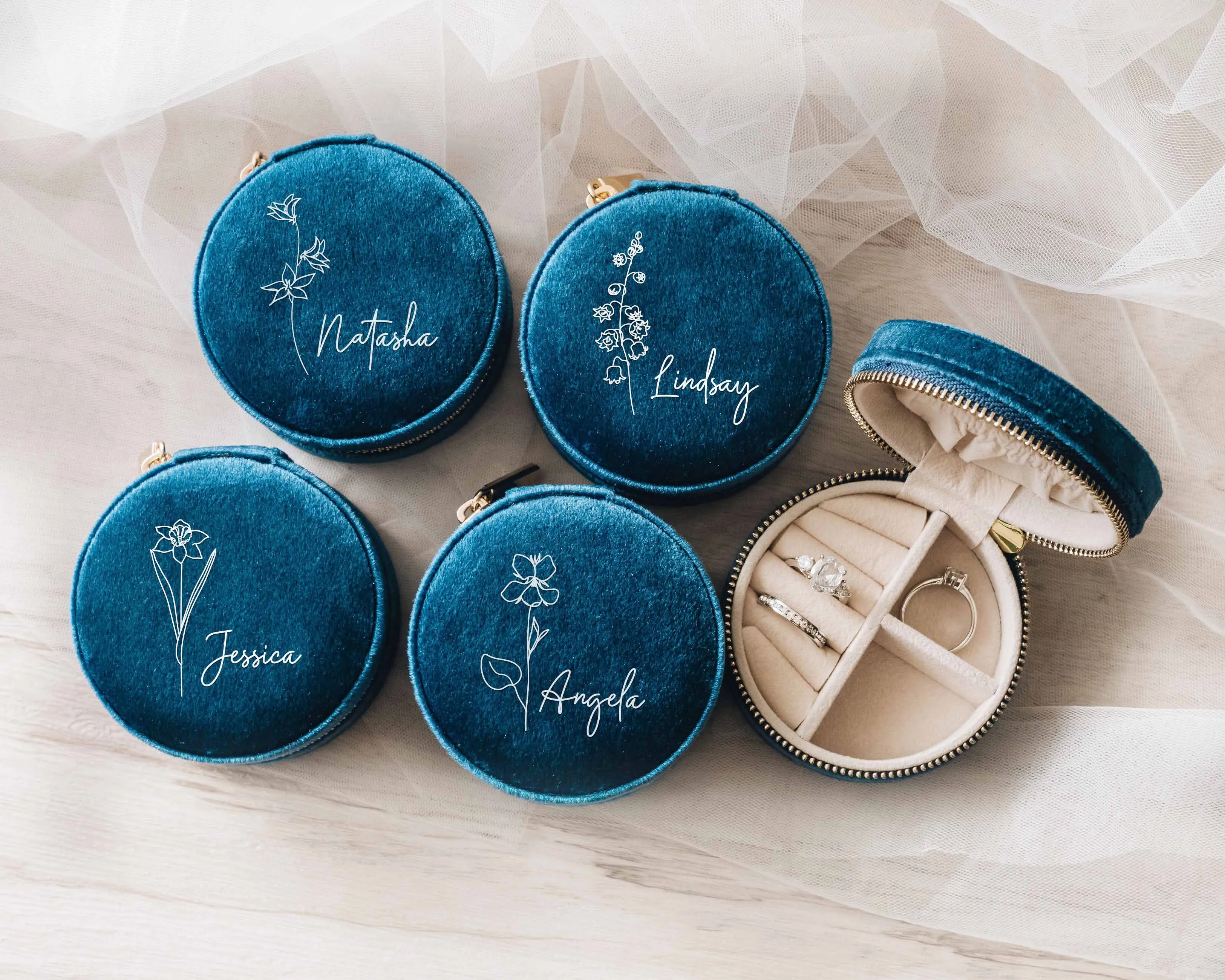 Round Velvet Jewelry Box with Birth Flower