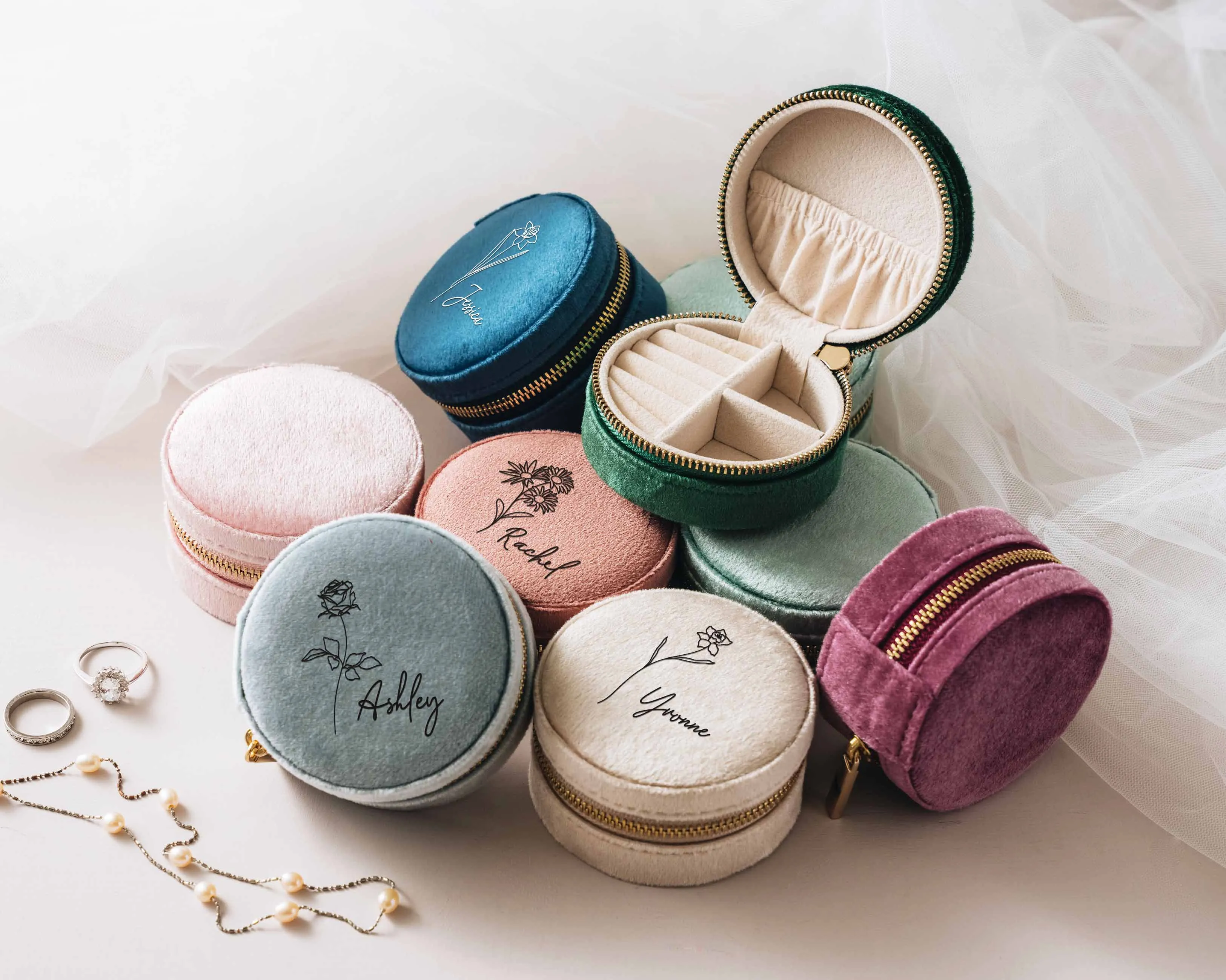 Round Velvet Jewelry Box with Birth Flower