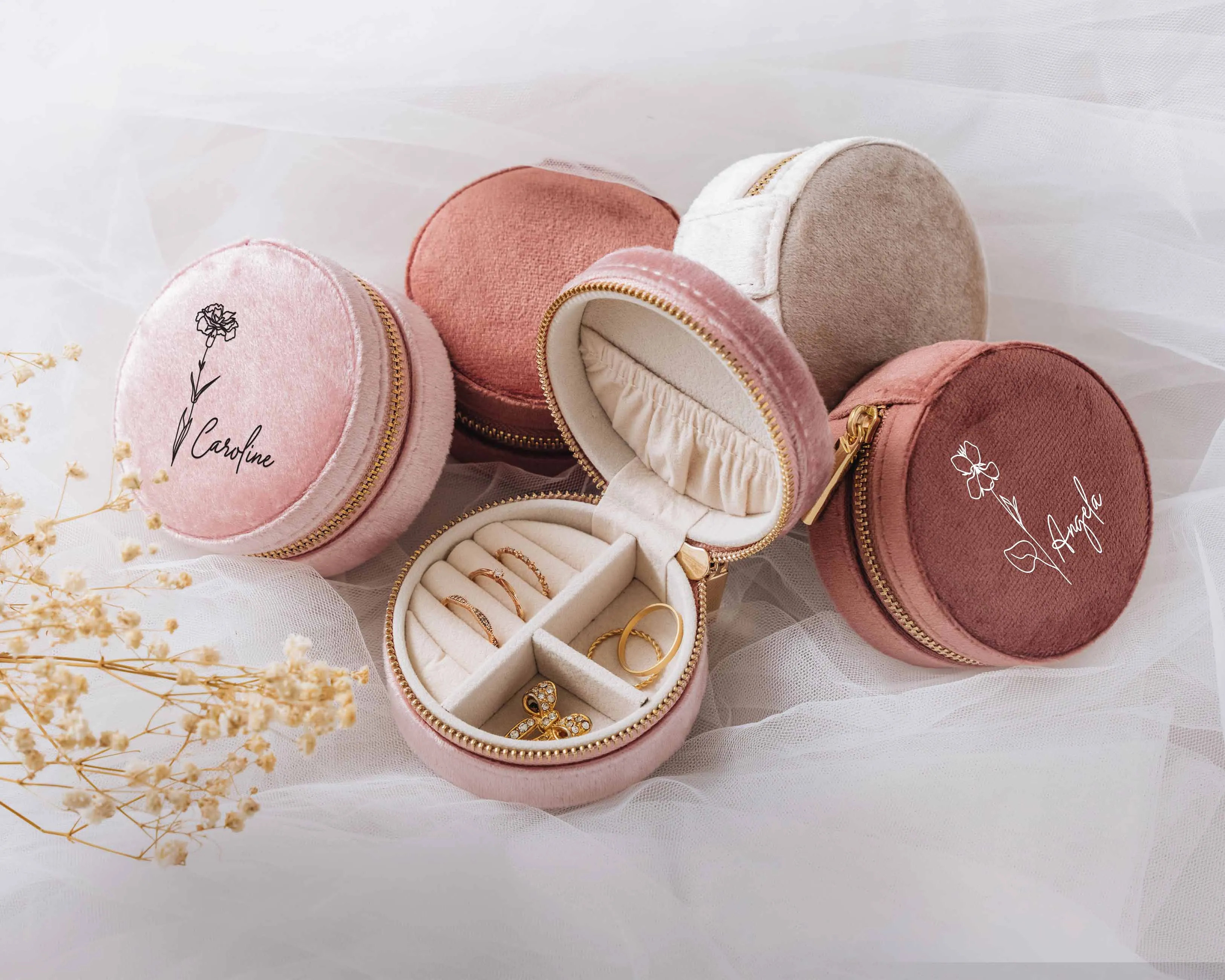 Round Velvet Jewelry Box with Birth Flower