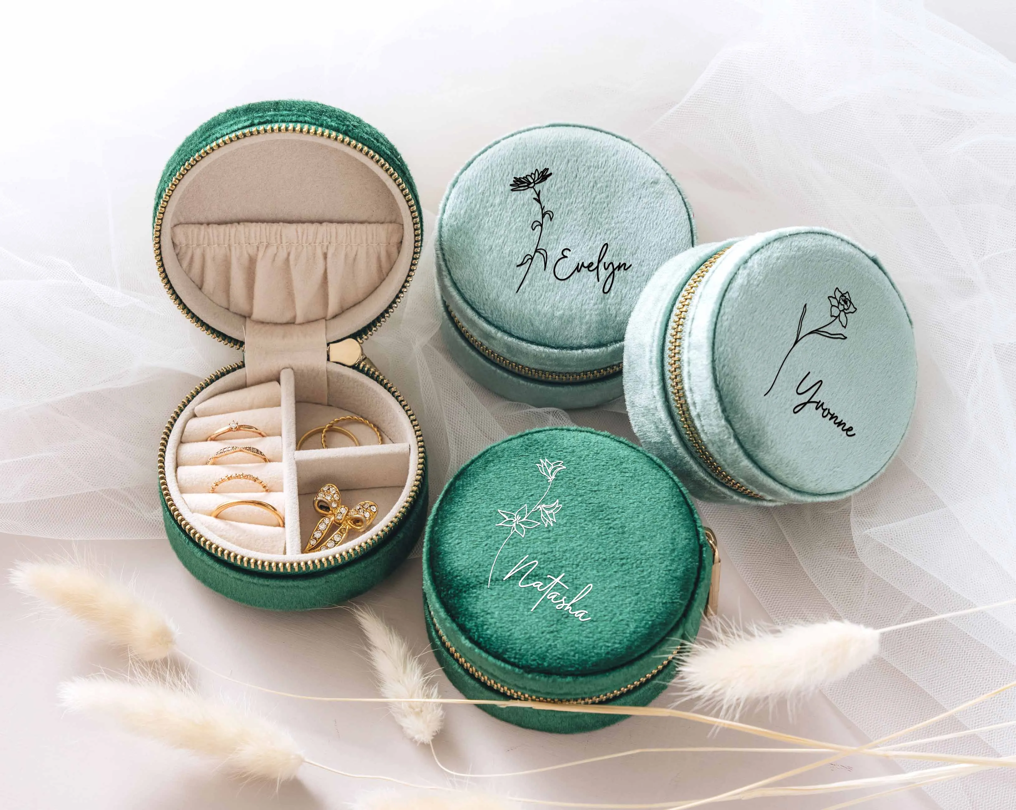 Round Velvet Jewelry Box with Birth Flower