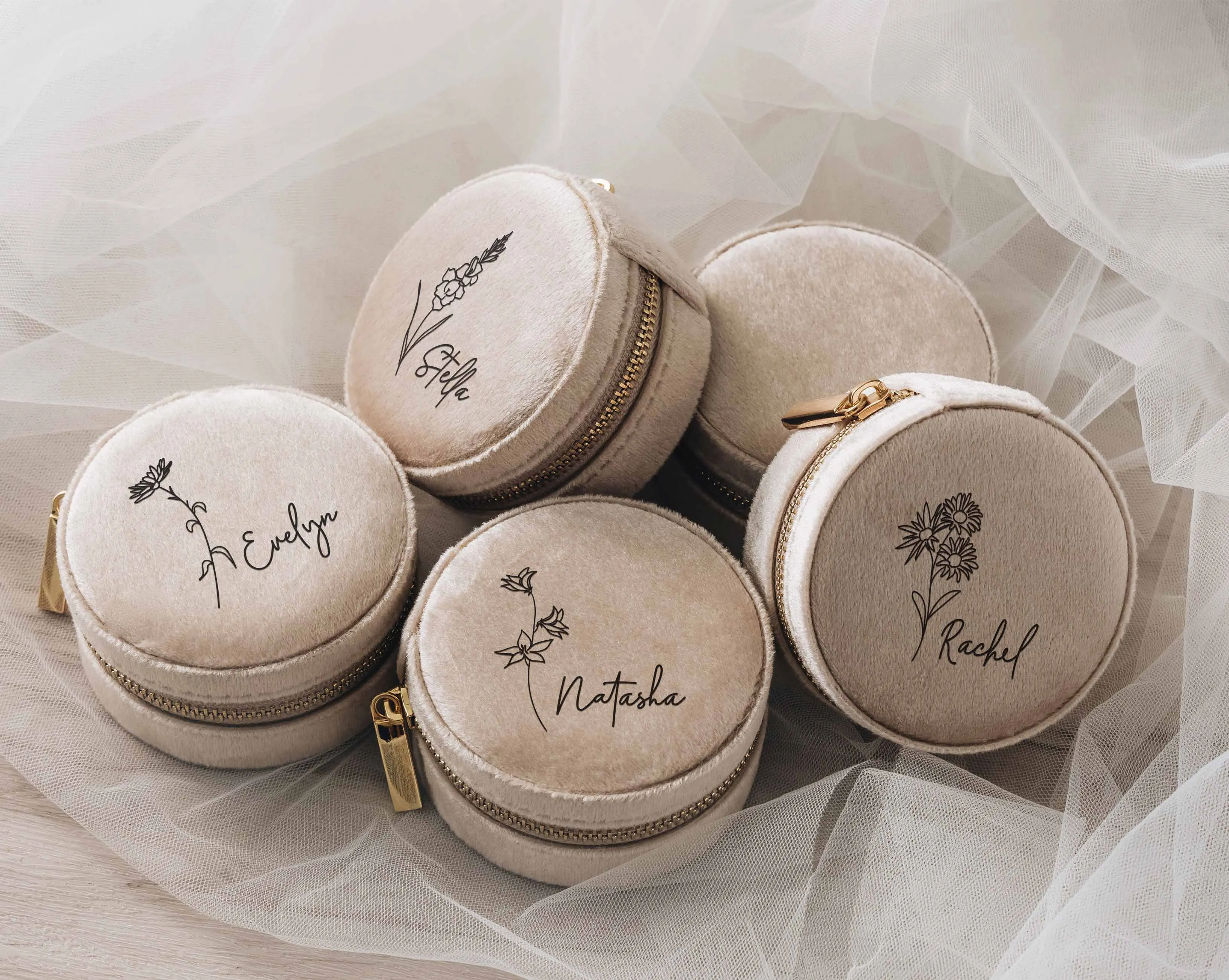 Round Velvet Jewelry Box with Birth Flower