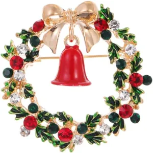 Round Wreath Bell Green Rhinestones Enamel Ornament Xmas Brooch Lapel Pins for Women Girls Cute Bow Decoration Small Brooches Pin for Dress Dress Suit Clothes Accessorie Christmas Festival Gifts