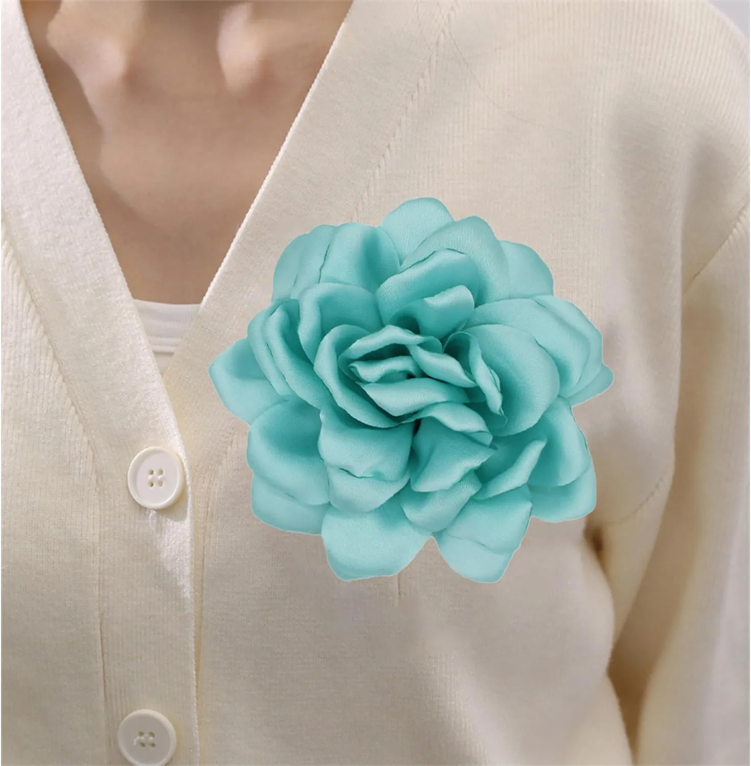 Satin Fabric Rose Flower Brooches - Handmade Floral Accessory for Wedding Party Dance Banquet Ceremony - Size: 4.72in
