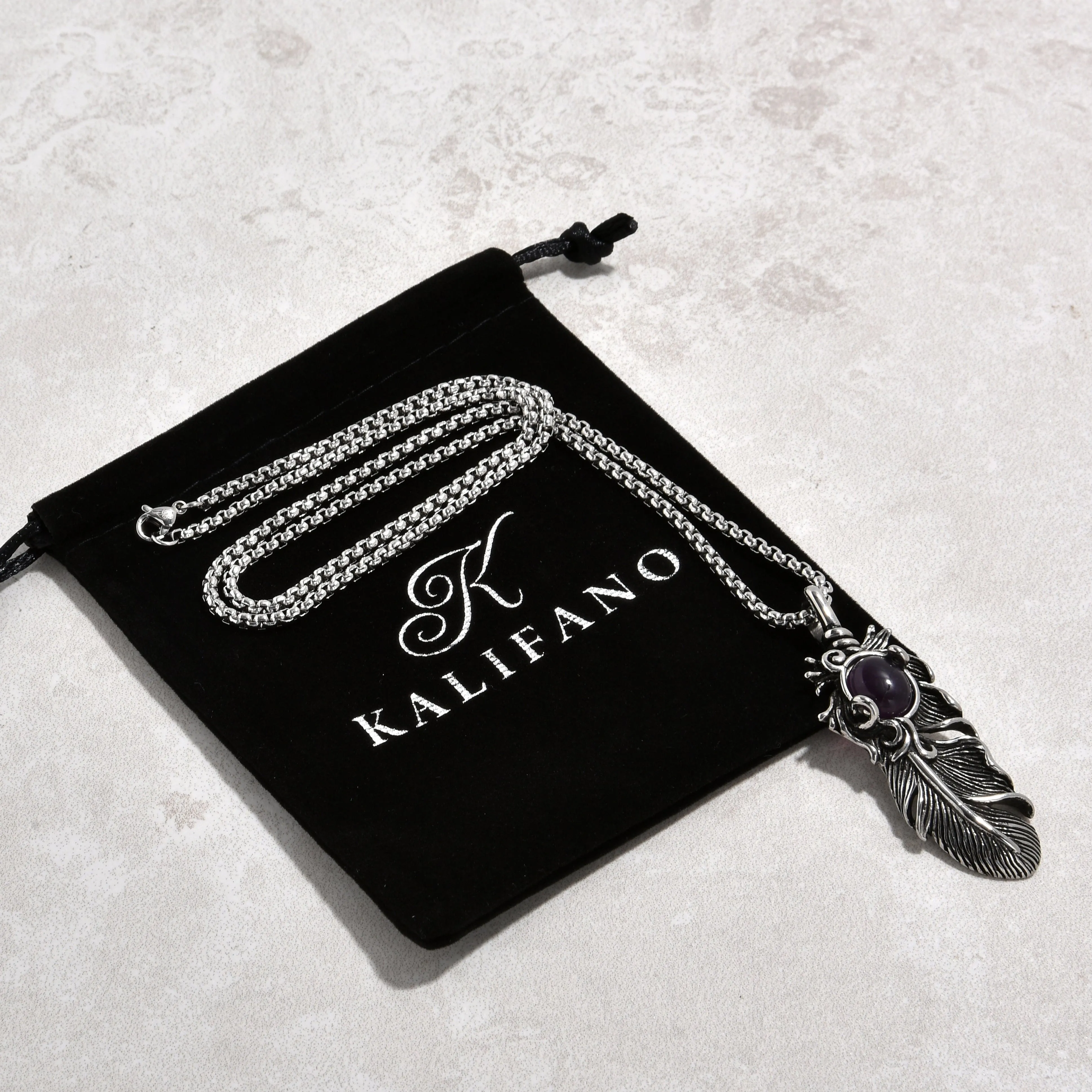 Silver Amethyst Feather Steel Hearts Necklace
