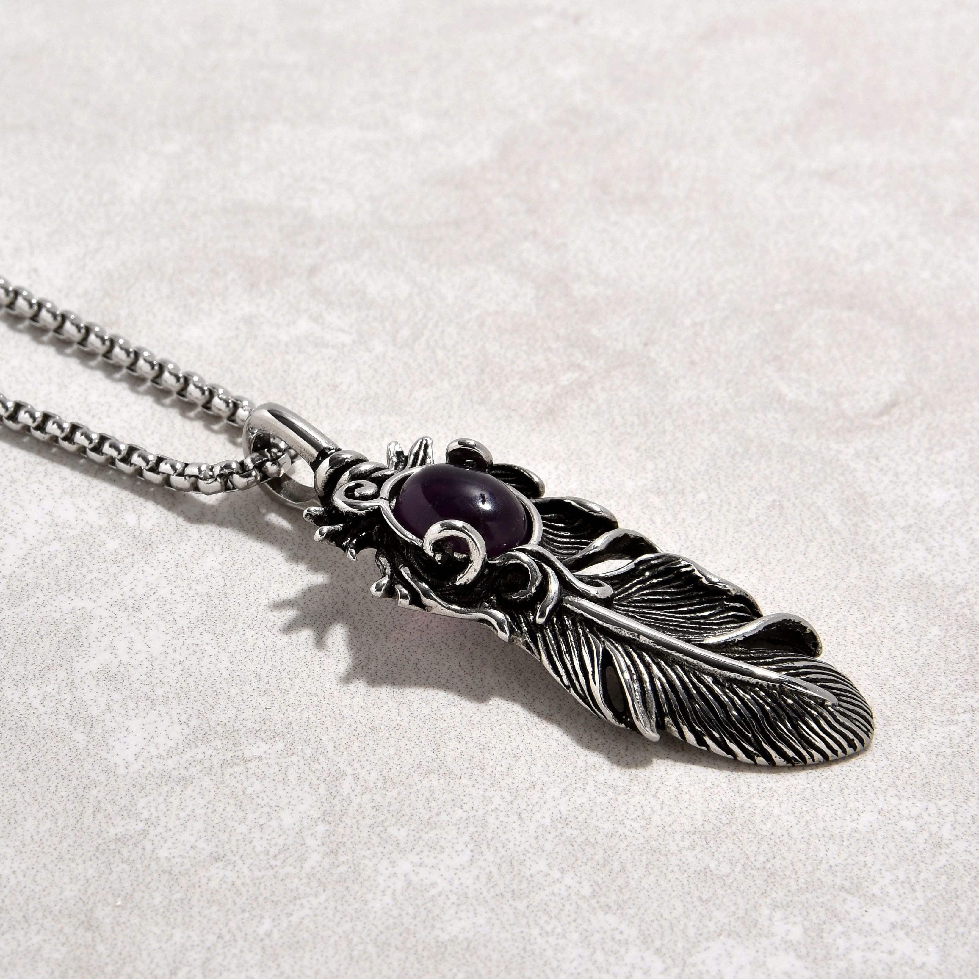 Silver Amethyst Feather Steel Hearts Necklace