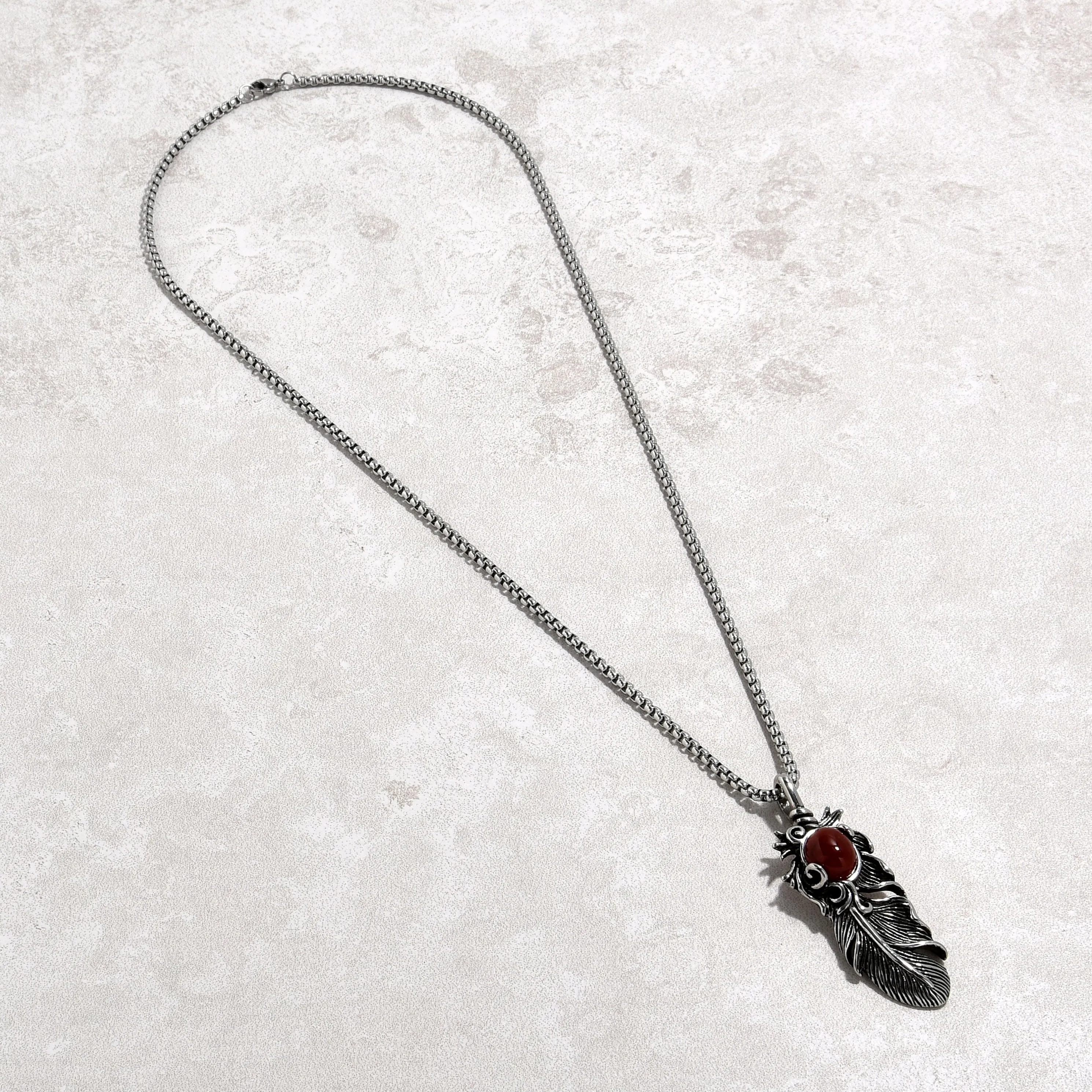 Silver Carnelian Feather Steel Hearts Necklace
