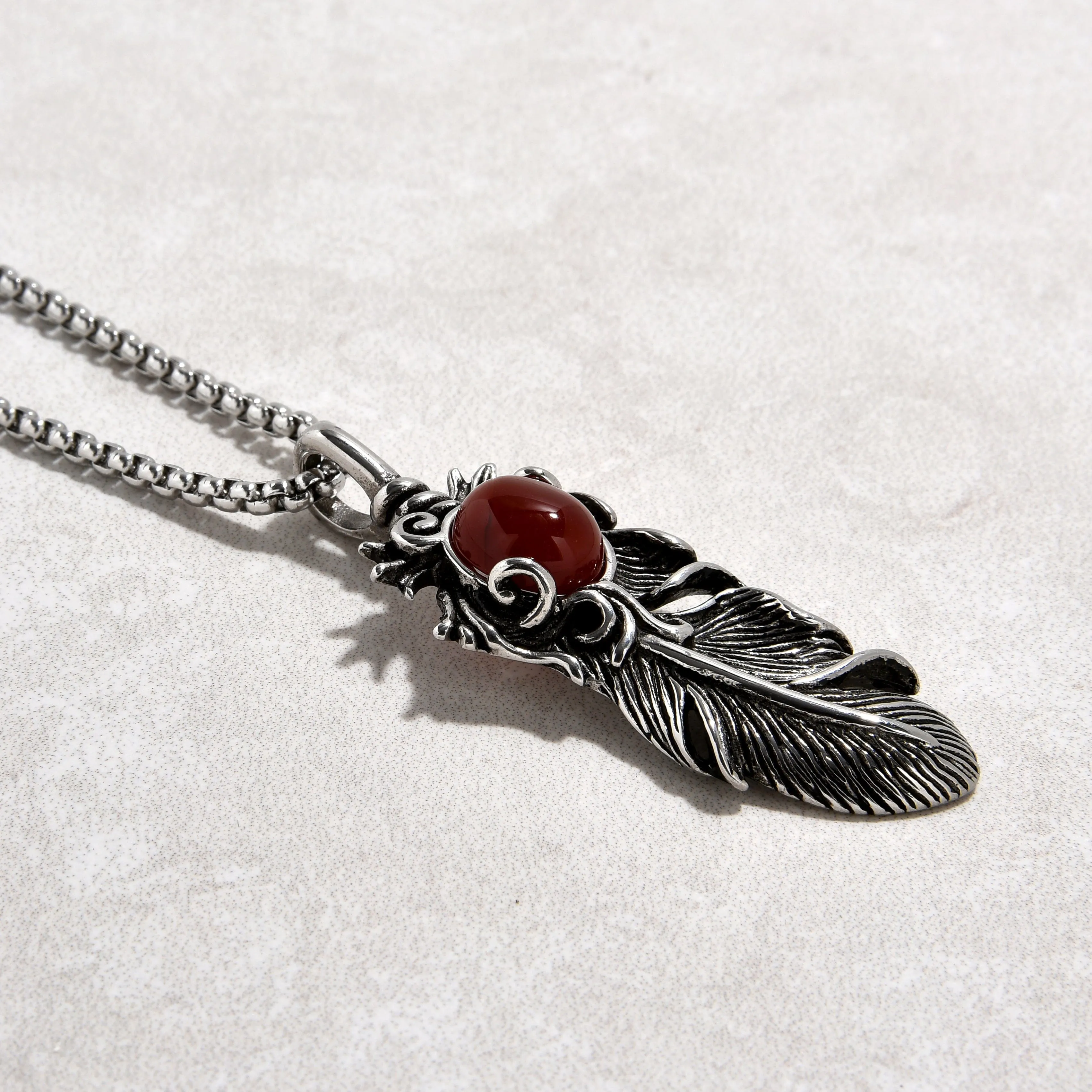 Silver Carnelian Feather Steel Hearts Necklace