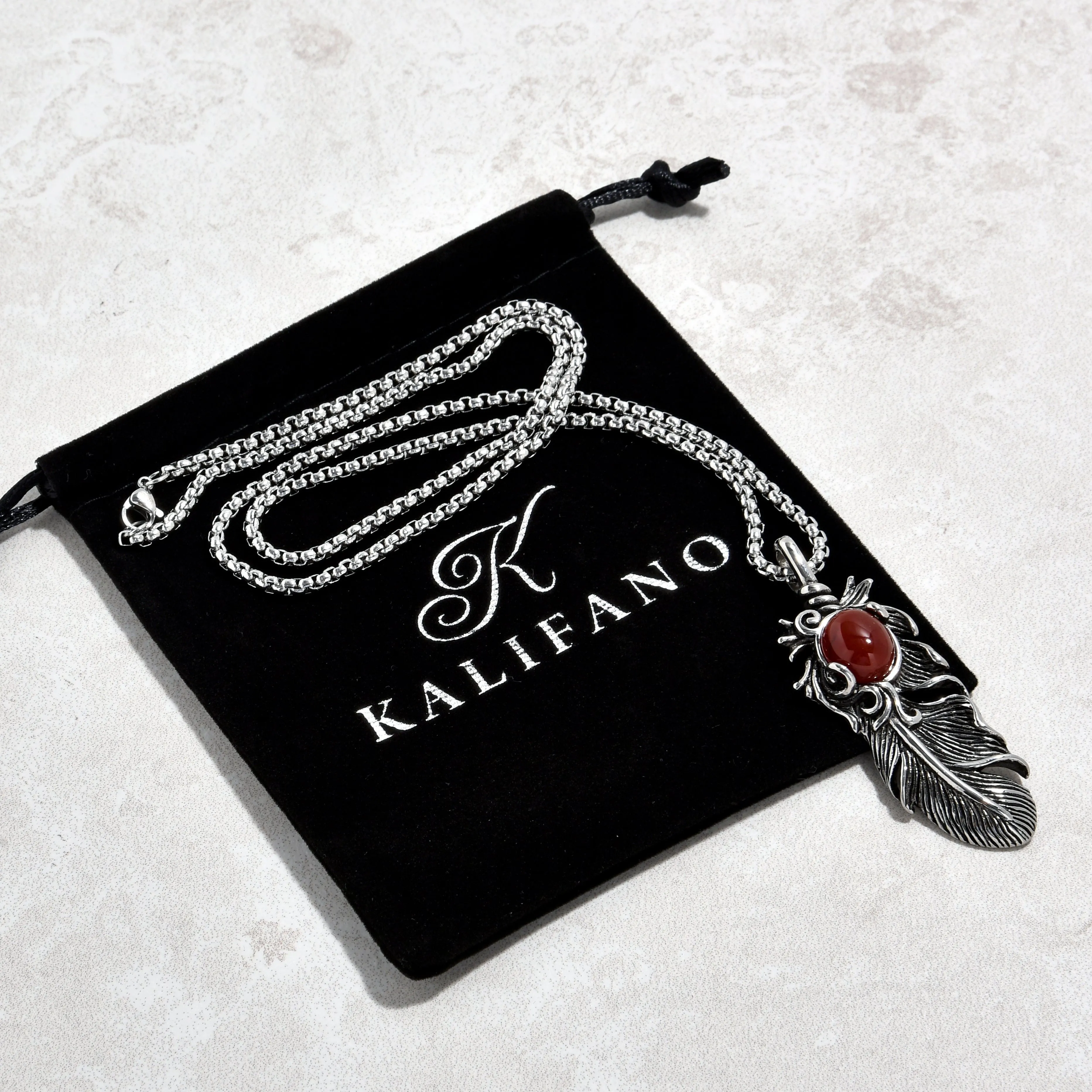 Silver Carnelian Feather Steel Hearts Necklace