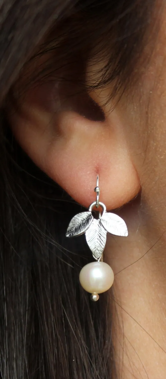 Silver Freshwater Pearl Earrings - Silver Leaf Earrings - White Pearl Jewelry -Pearl Bridal Earrings Bridesmaid Earrings - Wedding Jewelry