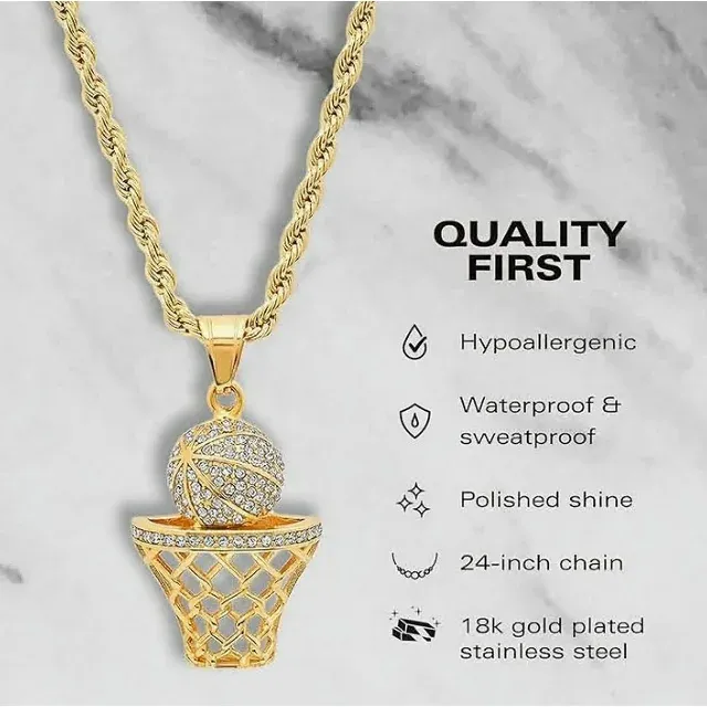 SteelTime Men's 18K Gold Plated Stainless Steel Basketball Hoop Chain Pendant Necklace