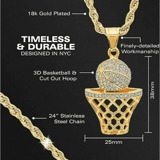 SteelTime Men's 18K Gold Plated Stainless Steel Basketball Hoop Chain Pendant Necklace