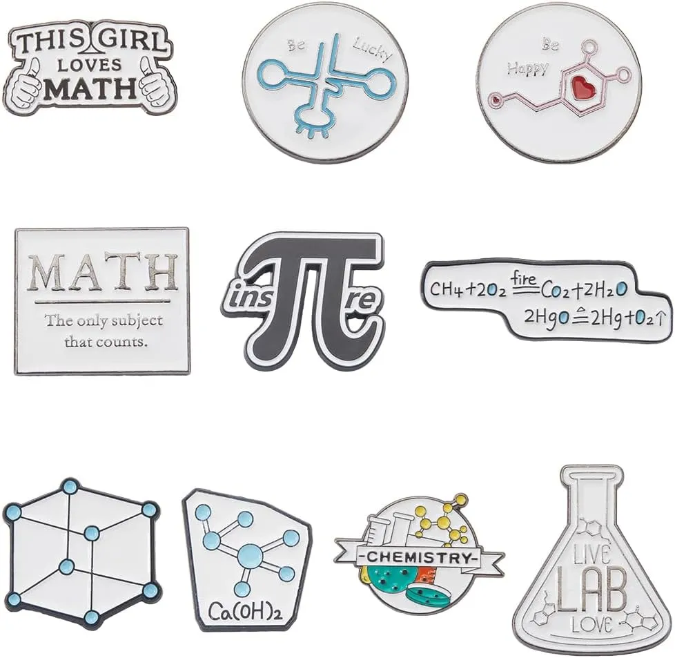 SUNNYCLUE 1 Box 10Pcs Science Pin Chemistry Brooch Bulk Black White Metal Alloy Enamel Cartoon Scientist Themed School Study Laboratory Bottle Lapel Pin for Bag Clothes Hat Decor Party Gifts Supplies
