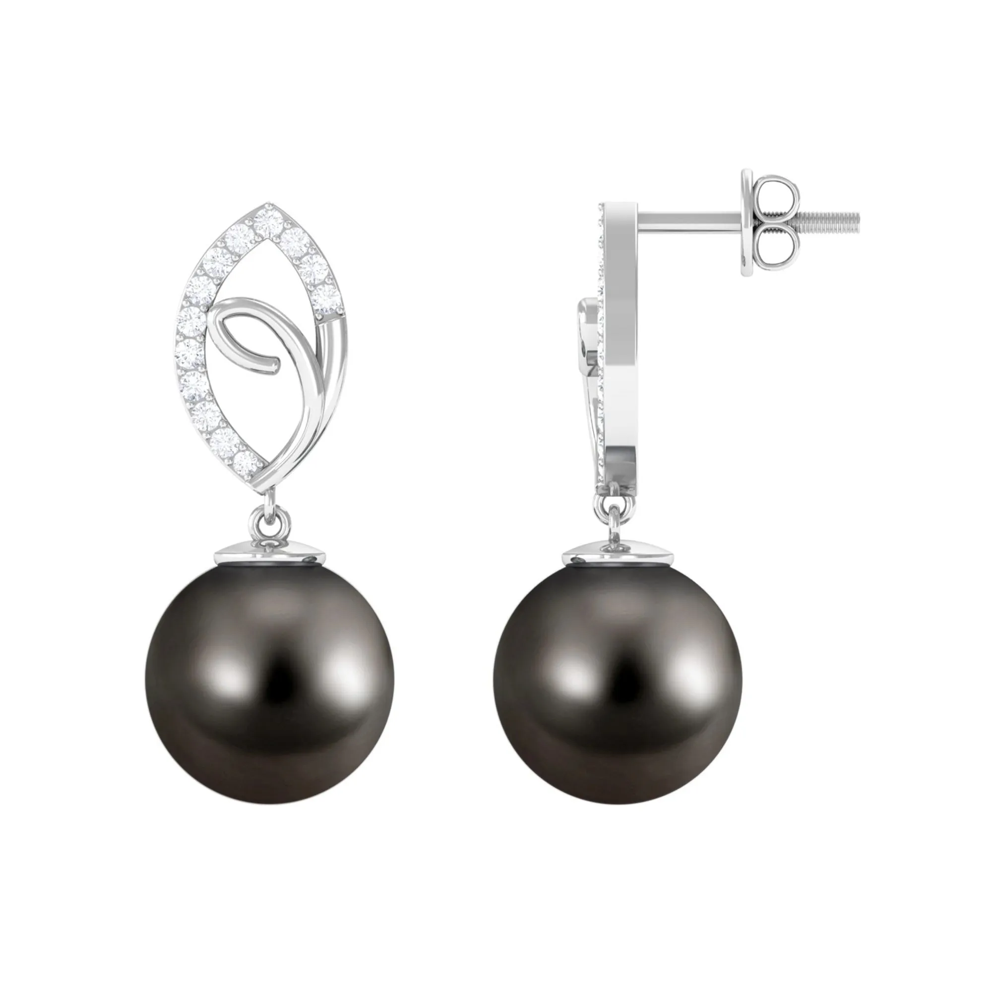 Tahitian Pearl Leaf Drop Earrings with Diamond