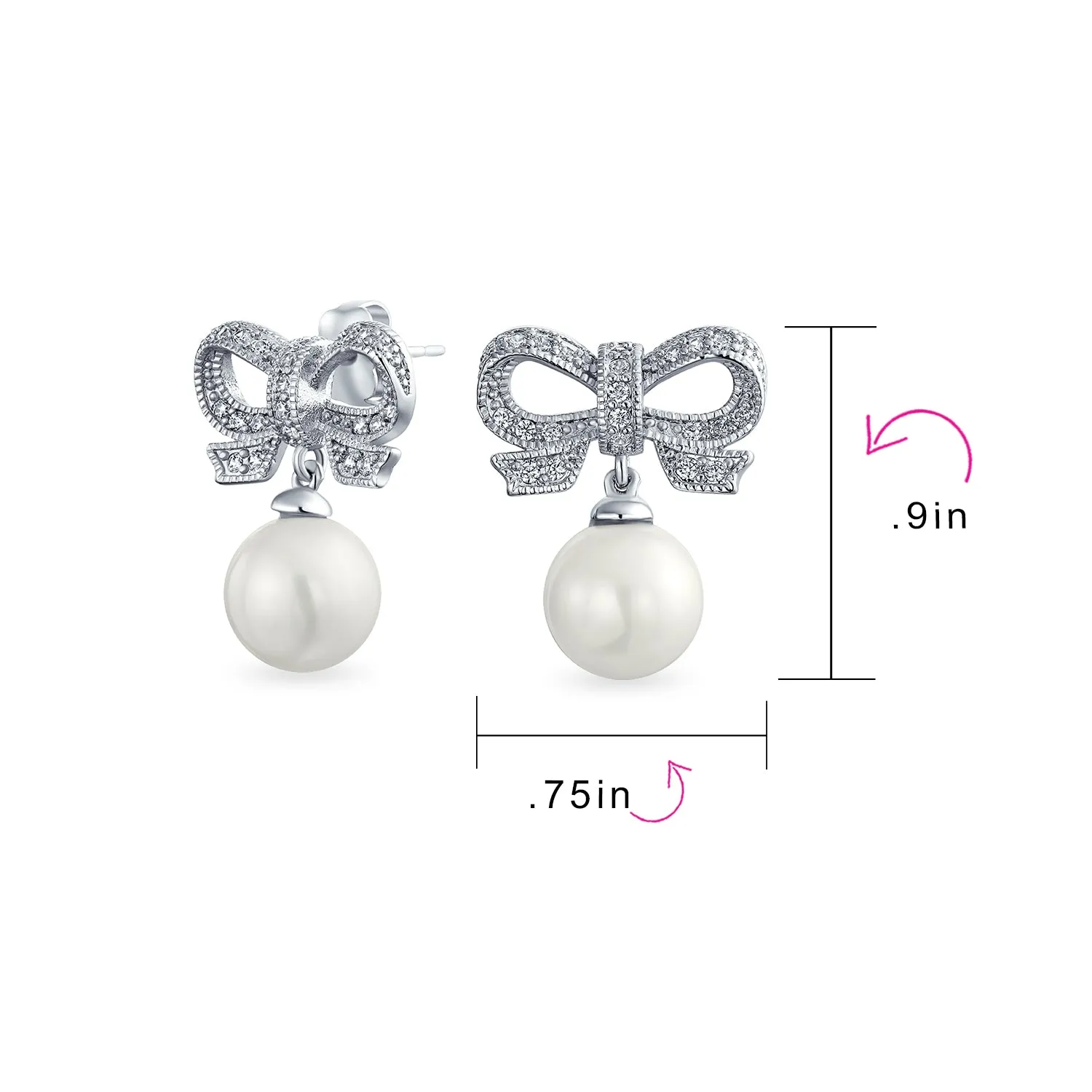 Victorian Dangle Chandelier Earrings with Ribbon CZ and Simulated Pearl Bow