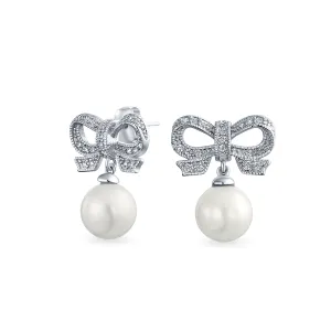 Victorian Dangle Chandelier Earrings with Ribbon CZ and Simulated Pearl Bow