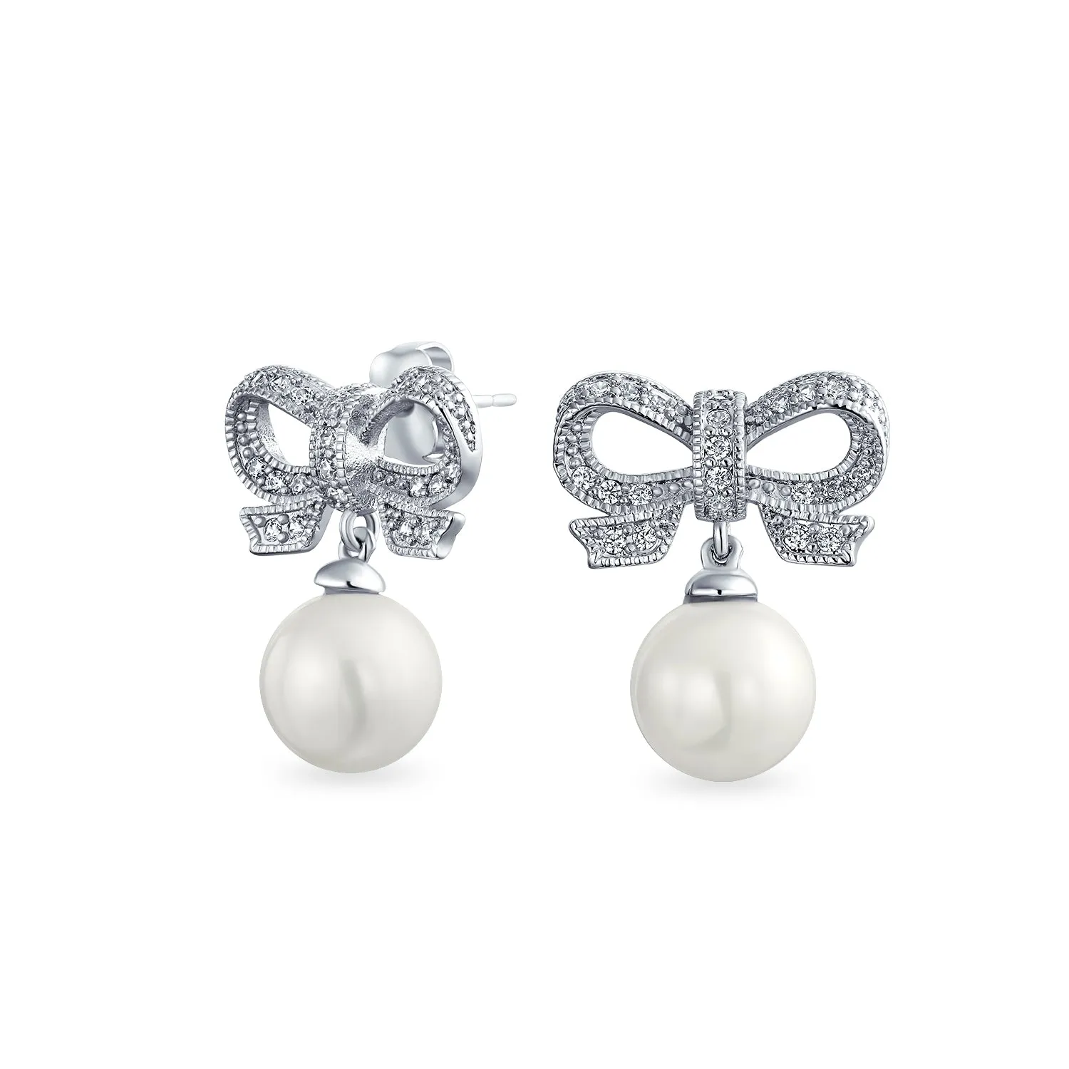 Victorian Dangle Chandelier Earrings with Ribbon CZ and Simulated Pearl Bow