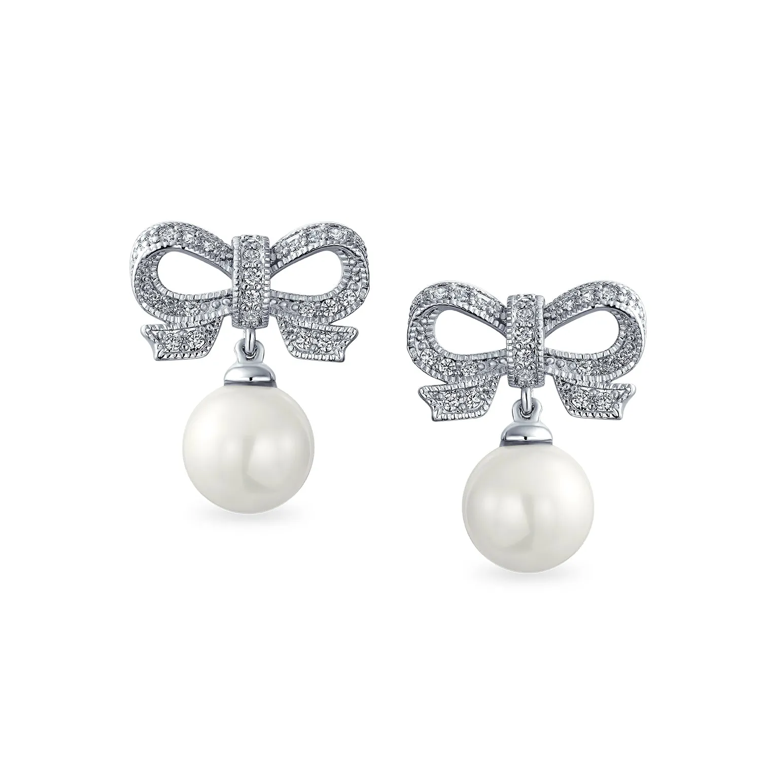 Victorian Dangle Chandelier Earrings with Ribbon CZ and Simulated Pearl Bow