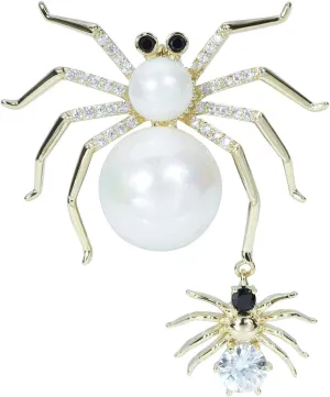 Vintage Pearl Mother and Baby Spider Brooch Pin Rhinestone Crystal Insect Broach Halloween Jewelry for Women Men