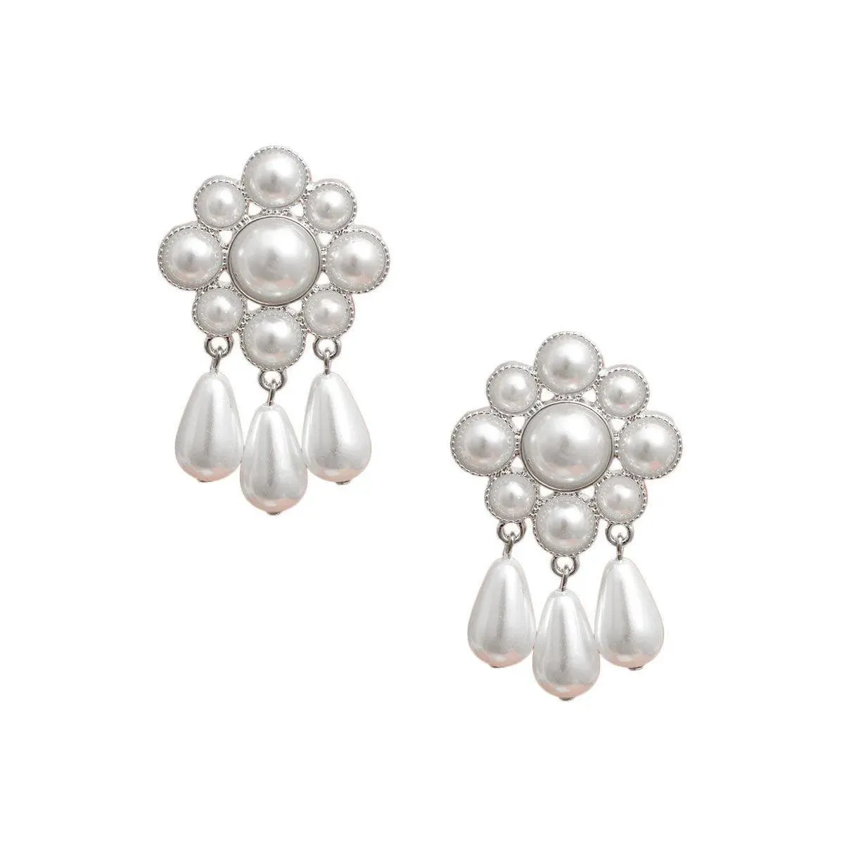 White Faux Pearl Drops Earrings Silver Plated