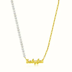 Women's Vermeil Custom Script Name Pearls & Paperclip Necklace Pendant