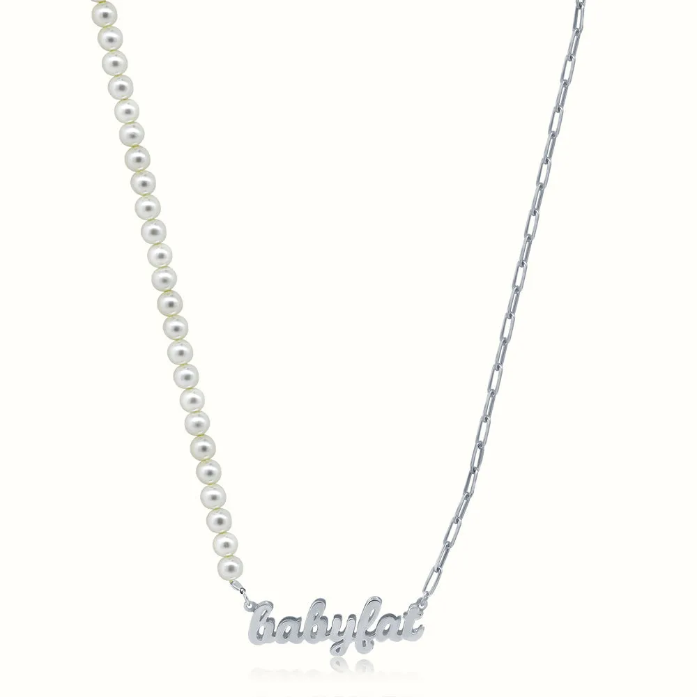 Women's Vermeil Custom Script Name Pearls & Paperclip Necklace Pendant
